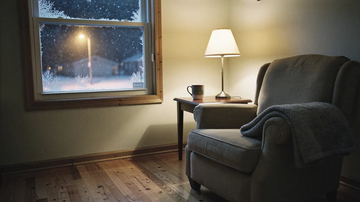 The corner of a living room on a winter evening with a frosted window, snow falling outside and a warm lamp, generated illustration