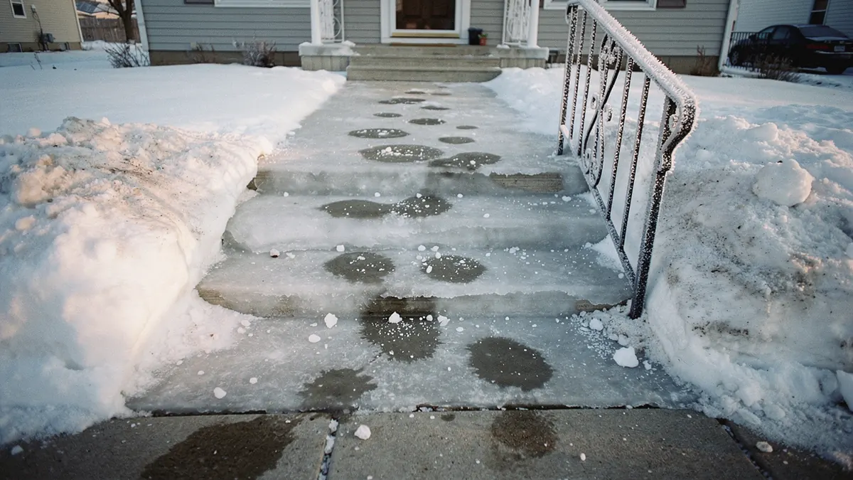 A salted front walk with melt spots through a thin glaze of ice in low morning sun, generated illustration