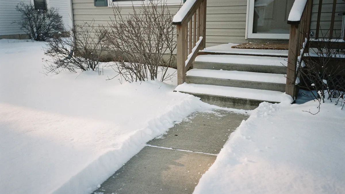 Front steps and a short walk half cleared of fresh snow, a porch rail carrying a ridge of snow, generated illustration
