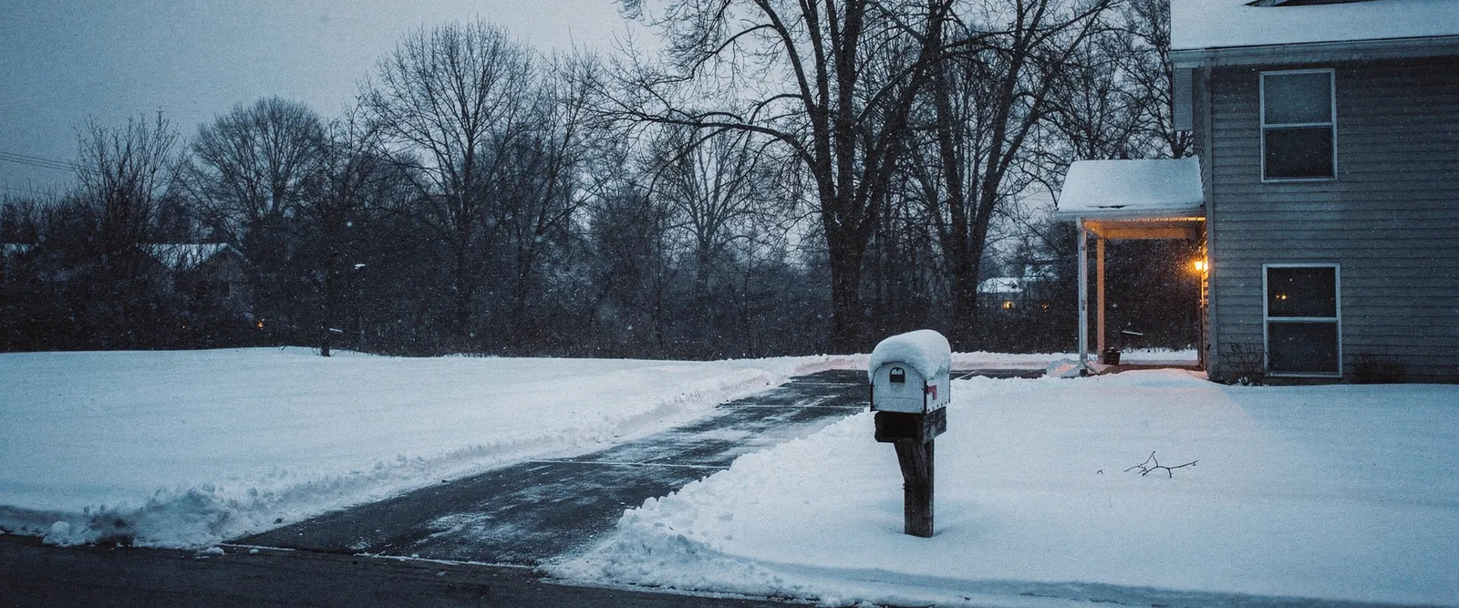 Fresh overnight snow on a two-car suburban driveway at blue hour, one strip shovelled, a warm porch light on the house at the right, generated illustration